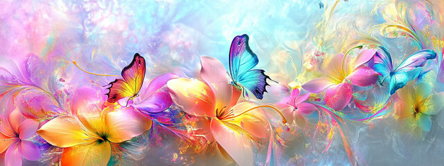Wiosenny baner z kwiatami i motylami, kolorowe tło dla projektu generative ai 