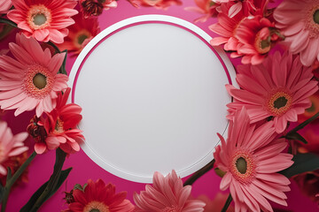 Biała okrągła kartka i różowe kwiaty - kartka na życzenia