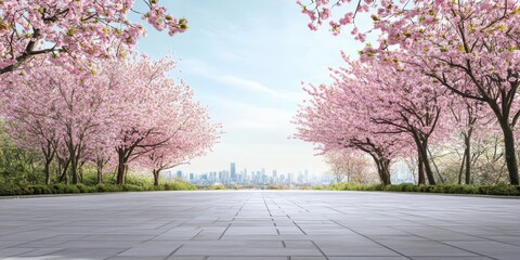 Blooming spring trees, paving slabs. Spring city park blurred background.