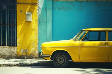 Bright yellow vintage car parked against a colorful urban wall, showcasing retro style and vibrant city life, perfect for travel and automotive enthusiasts