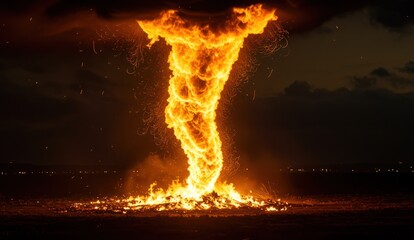 Intense fire tornado with swirling flames in the night landscape,