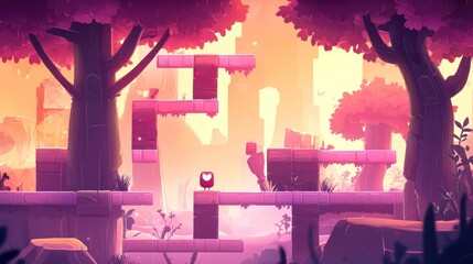 Cute bird game level, vibrant forest