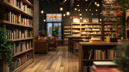 A soft blur capturing the essence of a cozy indie bookstore, with wooden shelves and a welcoming vibe.