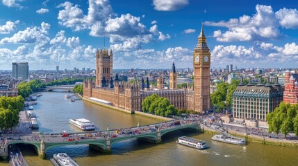 Panoramic View of London with River Thames and Iconic Big Ben