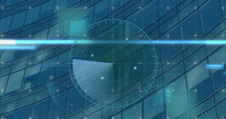 Image of scope scanning and lights with glitch over modern building background