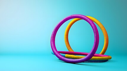 Brightly colored hula hoops on a vibrant blue background with copy space for text and creative ideas