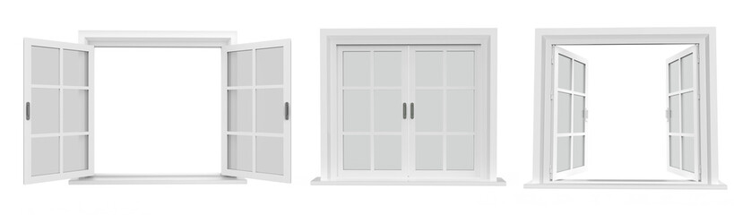 Windows with closed casements. Collection of isolated window frames.