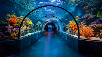 Underwater tunnel showcasing vibrant coral reef and diverse fish species, creating an immersive and awe-inspiring experience, ideal for aquarium or marine life concepts