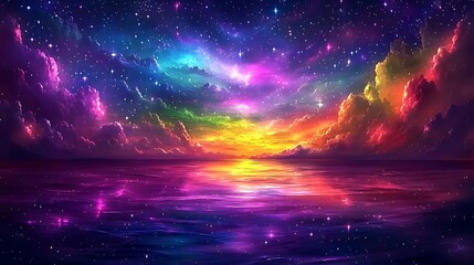 Rainbow sunset reflected in a starry ocean.