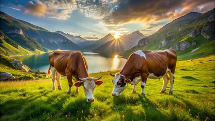 Happy Cows Grazing in Austrian Tyrol's Schlegeis Reservoir Summer Meadow - Low Light Photography