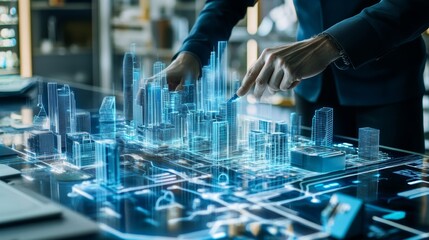 A digital twin specialist designing AI for smart city simulations, high-tech urban planning center with AI-driven 3D city models and infrastructure optimization tools, Futuristic style