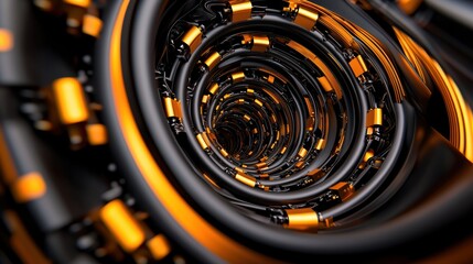 A swirling tunnel of black and orange geometric shapes, creating a dynamic and futuristic visual effect.