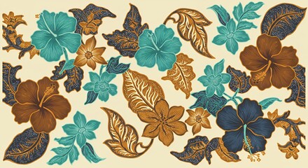 Hibiscus Flower Pattern with Batik Style Artwork for Textile Design