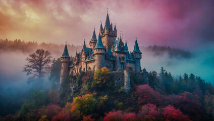 Enchanted castle surrounded by mystical forest and colorful fog