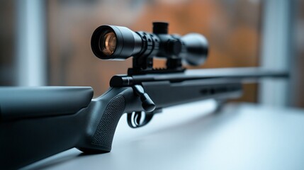 Precision rifle with magnified scope resting on a neutral surface in soft light