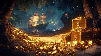 Gold coins scattered across a sandy beach, piles of treasure chests half-open with jewels spilling out, pirate ships anchored in the distance. A dark tropical island looms in the background