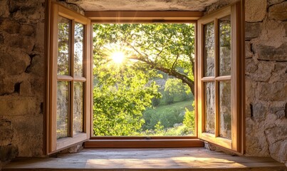 Open window with wood frame set into stone wall allowing natural light and outdoor view. Vintage, rustic architectural detail.