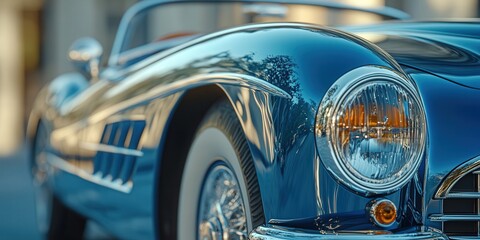 Close-up of a vintage blue classic car with gleaming chrome details and whitewall tires, reflecting a sunny day.