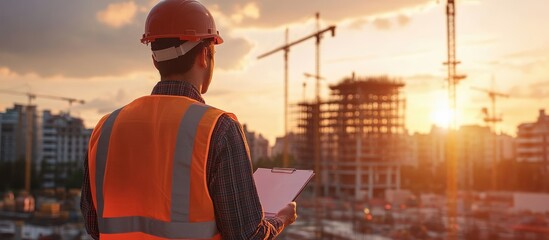 Construction Worker Reviewing Blueprints At Sunset Construction Site