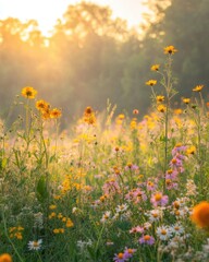 Radiant meadow bathed in golden sunlight showcasing vibrant wildflowers in a serene natural landscape capturing the essence of a peaceful morning