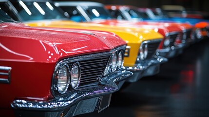 A row of classic cars displayed for sale at a used car lot, each with detailed specifications.