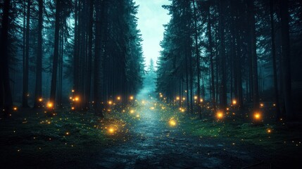 Mystical forest path lit by fireflies
