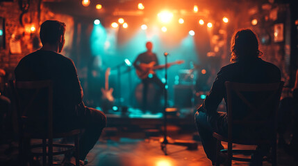 Two people sitting on chairs watching a guitarist performing live music on stage in a nightclub