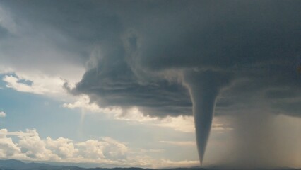 A massive tornado cloud forms in the sky, warning of an impending storm