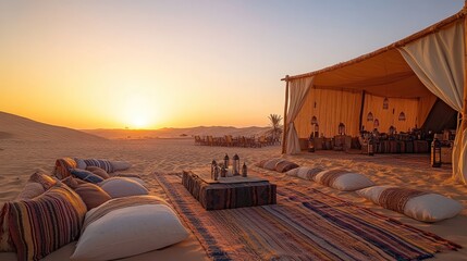 Luxurious desert camping setup during golden hour sunset