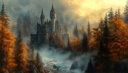 Autumnal castle fantasy landscape