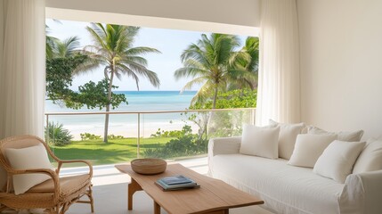 A white living room with a large window overlooking the ocean. The room is furnished with a couch, a chair, and a coffee table. The couch is covered in white pillows
