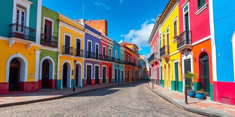 Cobblestone streets, colorful colonial buildings, Old San Juan, Puerto Rico, sun, street