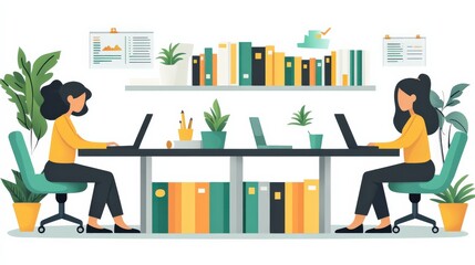 Two women working collaboratively at a desk surrounded by plants and books in a bright office
