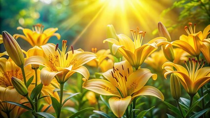 Panoramic View of Blooming Yellow Lilies in a Lush Garden