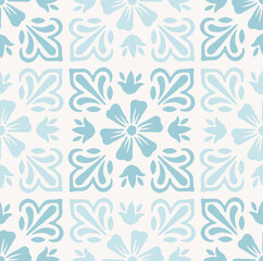 Ornamental tile vector seamless pattern. Hand drawn blue floral and flourishes background. Elegant, ornate, traditional, decorative azulejos for spa, wedding, beach designs. 
