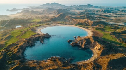 Aerial view of secluded cove, coastal landscape, sunrise, and golf course