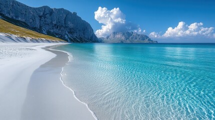 Pristine white sand beach meets turquoise water, dramatic mountains backdrop