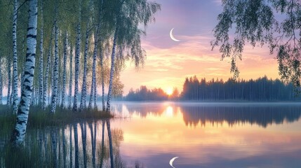 Serene lake at sunrise with birch trees and a crescent moon reflecting on the water.