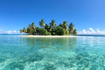 Tropical island paradise Clear water, sandy beach, palm trees. Vacation bliss