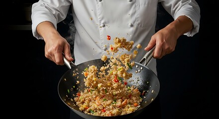 Chef Cooking Fried Rice in Wok Tossing Food Ingredients