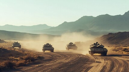 Four military tanks patrolling through desert landscape