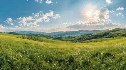 Panorama of rolling hills and grassy meadows in rural romanian mountains