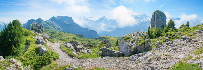 stunning alps view at lookout point Daube mountain, Bernese Oberland. hiking round trail Schynige Platte - Oberberghorn. switzerland.