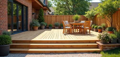 New wooden deck with patio furniture in backyard. Outdoor space with table chairs for relax. Summer day light. Luxury design for house garden renovation. Residential property lifestyle.