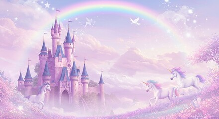 Magical Unicorn Fantasy Pastel Castle Rainbow and Unicorns in a Dreamy Landscape