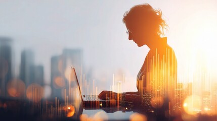 Businesswoman Working on Laptop with Double Exposure Effect