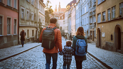 Family discovering the charm of historic city architecture together