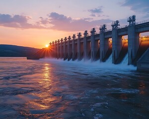A majestic dam with flowing water at a stunning sunset