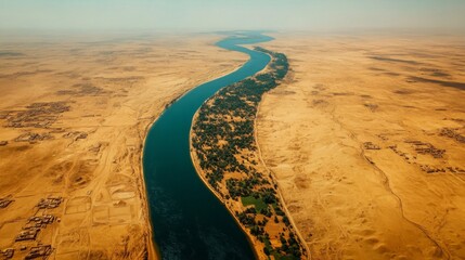 Aerial View Of A River Cutting Through A Vast Desert Landscape