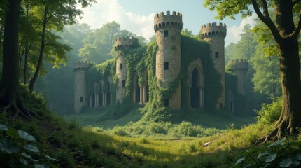 Majestic castle ruins in lush, overgrown forest setting. Crumbling towers and walls covered in vines and vegetation. Mystical, fairy tale background